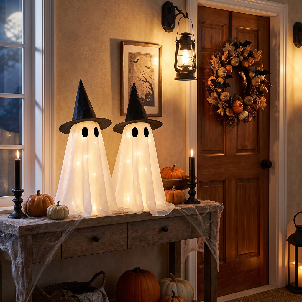 Light-up ghosts on an entryway table at night