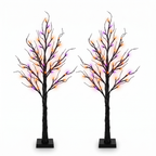 Two 24 inch light up Halloween trees with orange and purple lights