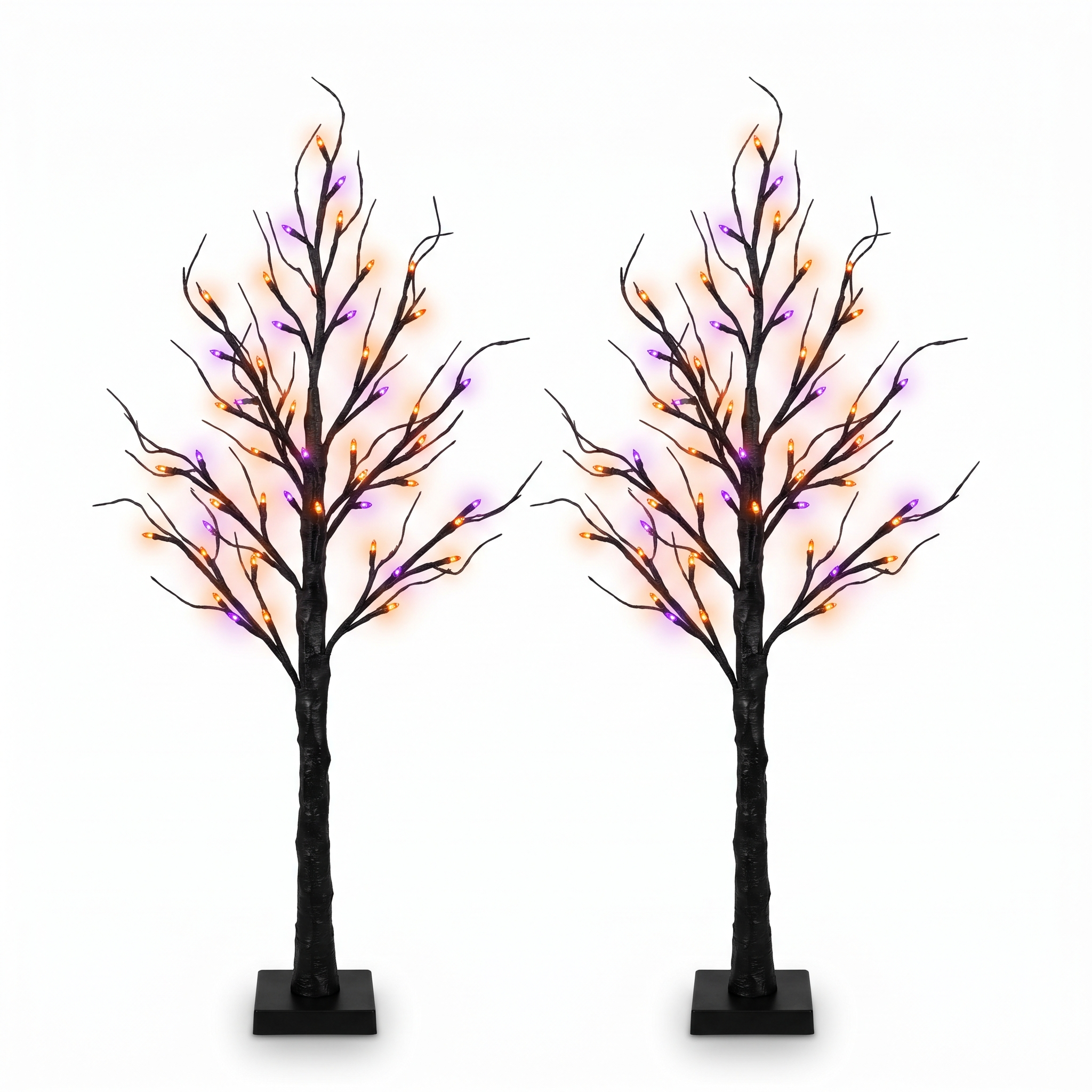 Two 24 inch light up Halloween trees with orange and purple lights