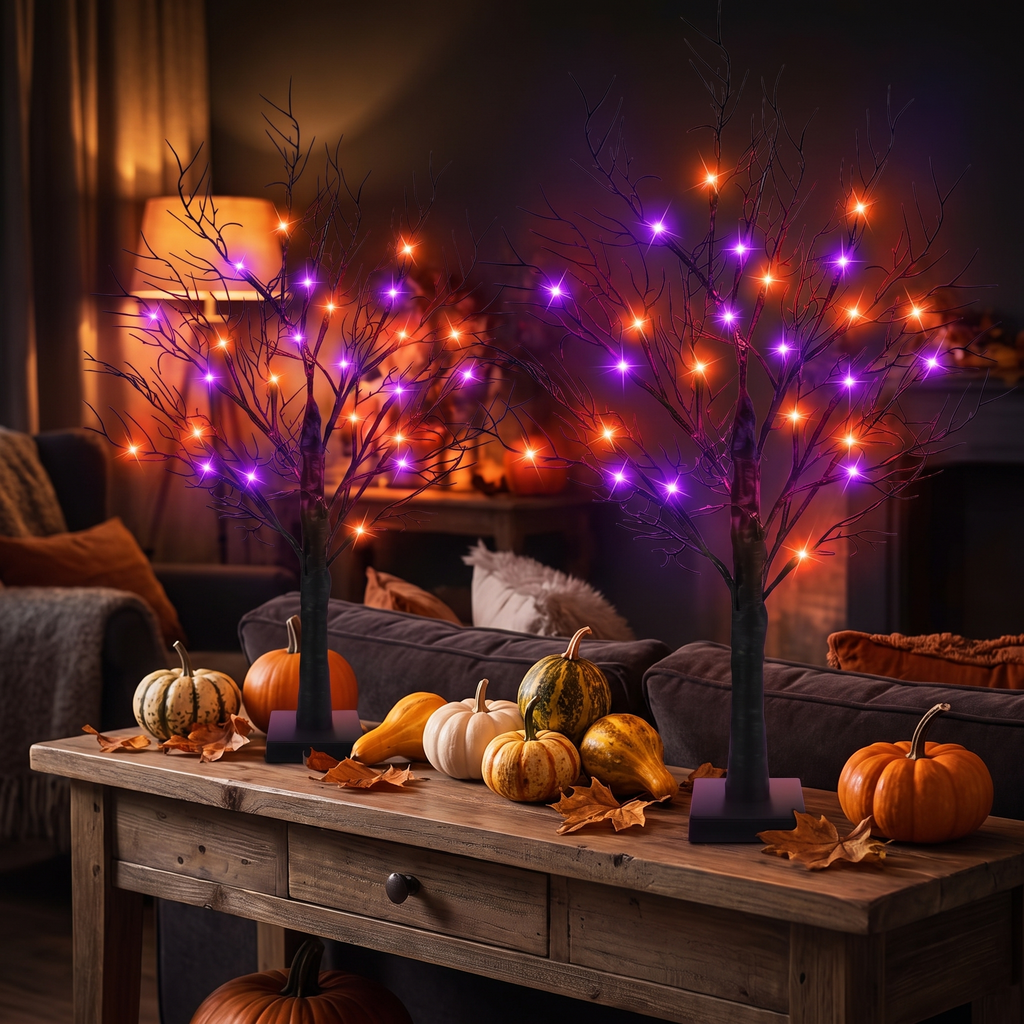 Lit Halloween trees on a console table at night