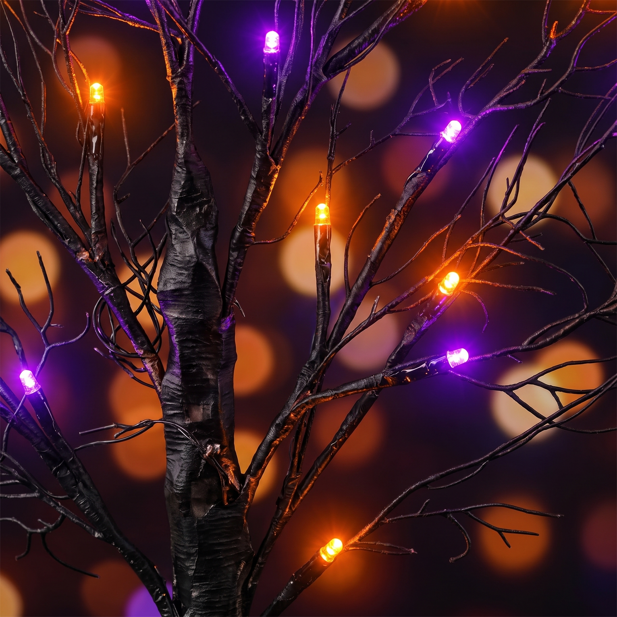 Close up of the orange and purple LED branches