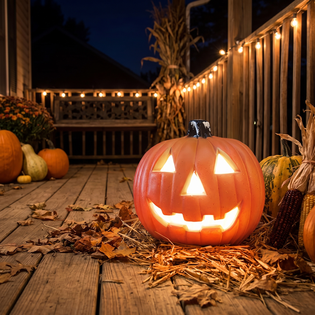 LED pumpkin lantern glowing on a decorated porch at night