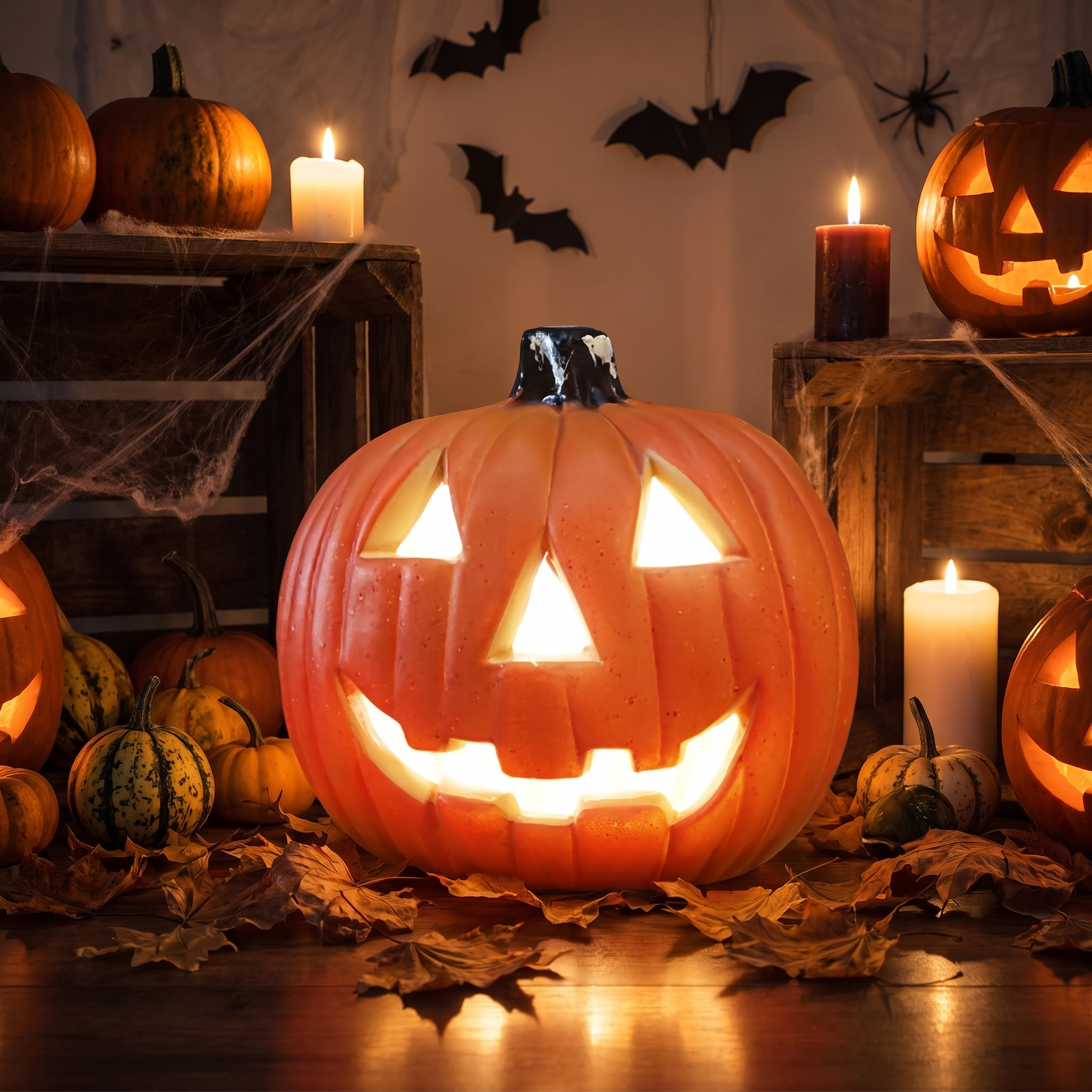 LED pumpkin lantern glowing in a decorated Halloween room