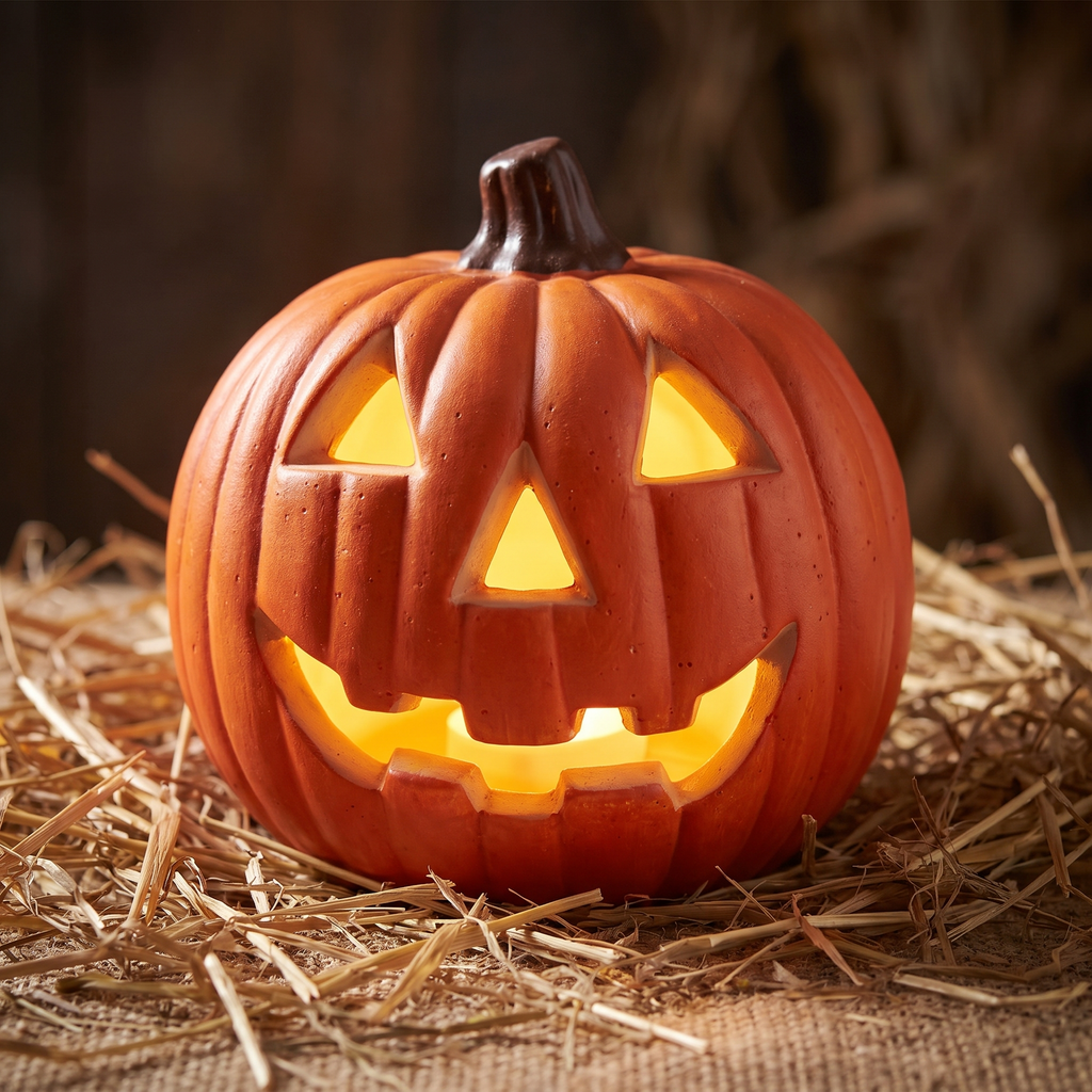 Close up of the glowing LED pumpkin lantern