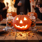 LED pumpkin lantern glowing on a Halloween party table