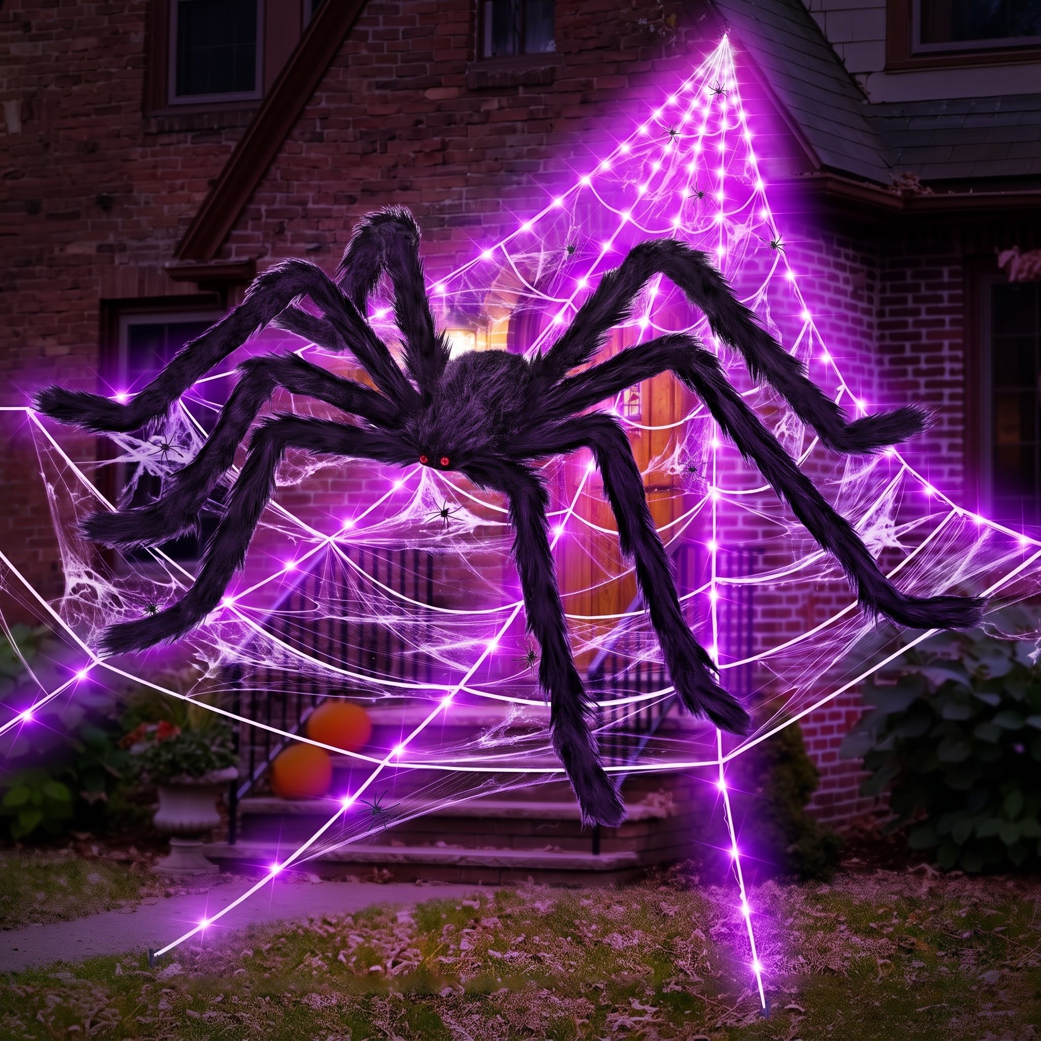 Purple glowing spider web and giant spider mounted on a porch at night
