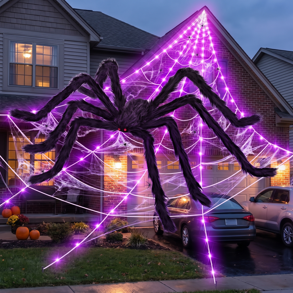 Light-up spider web spread across the front of a house at dusk
