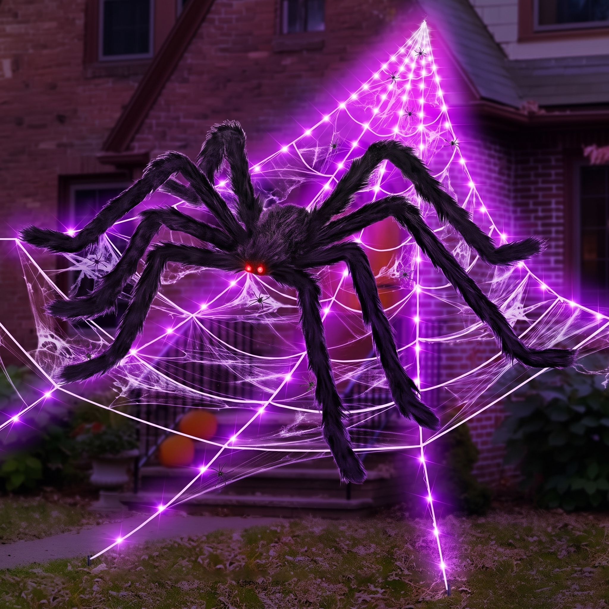 Close-up of the purple LED web strands and the fuzzy spider with red eyes