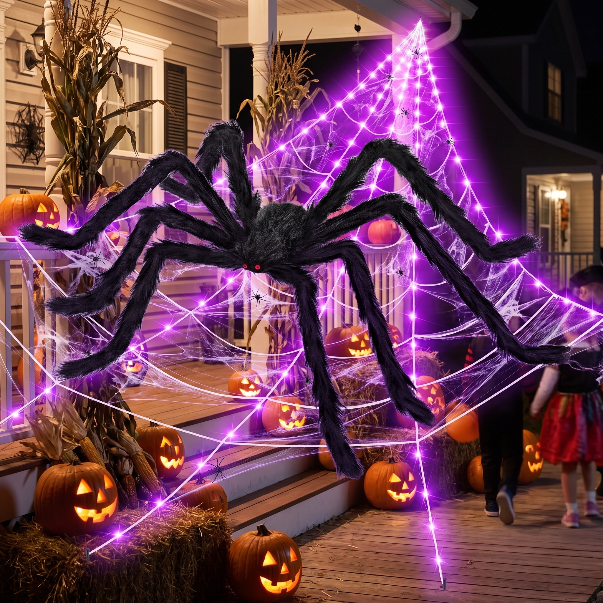 Spider web and giant spider on a decorated porch with pumpkins at night