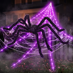 Glowing spider web draped over front yard bushes in the fog