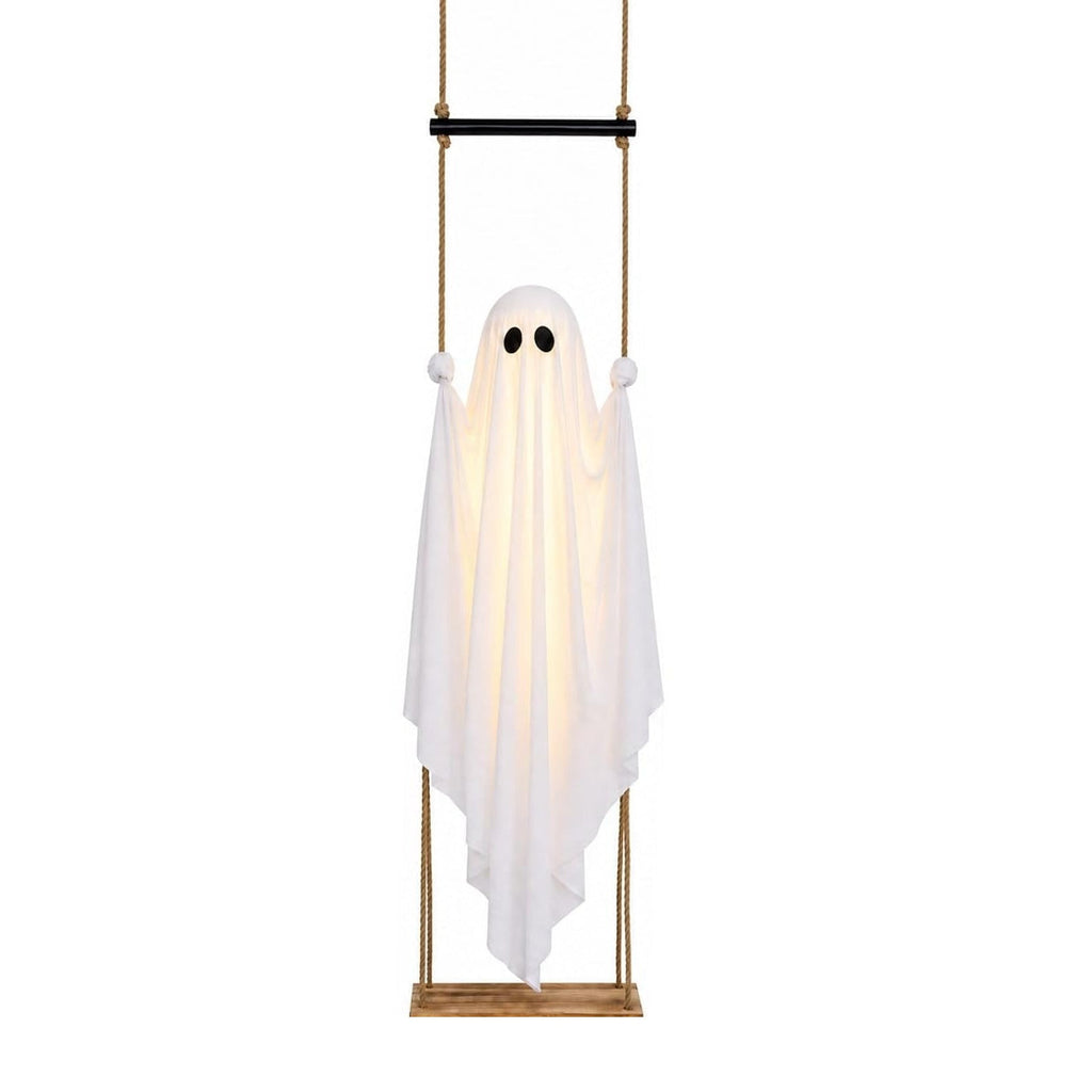 Light-up hanging swing ghost Halloween decoration on a white background