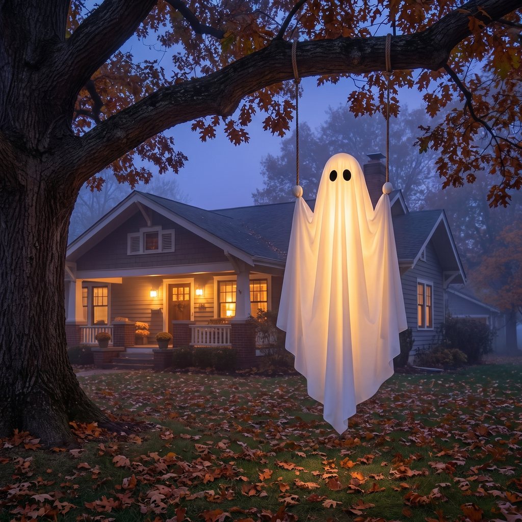 Glowing swing ghost hanging from a tree branch at dusk