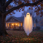 Glowing swing ghost hanging from a tree branch at dusk