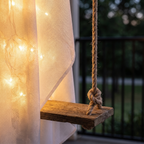 Close-up of the LED string lights woven around the pine wood swing