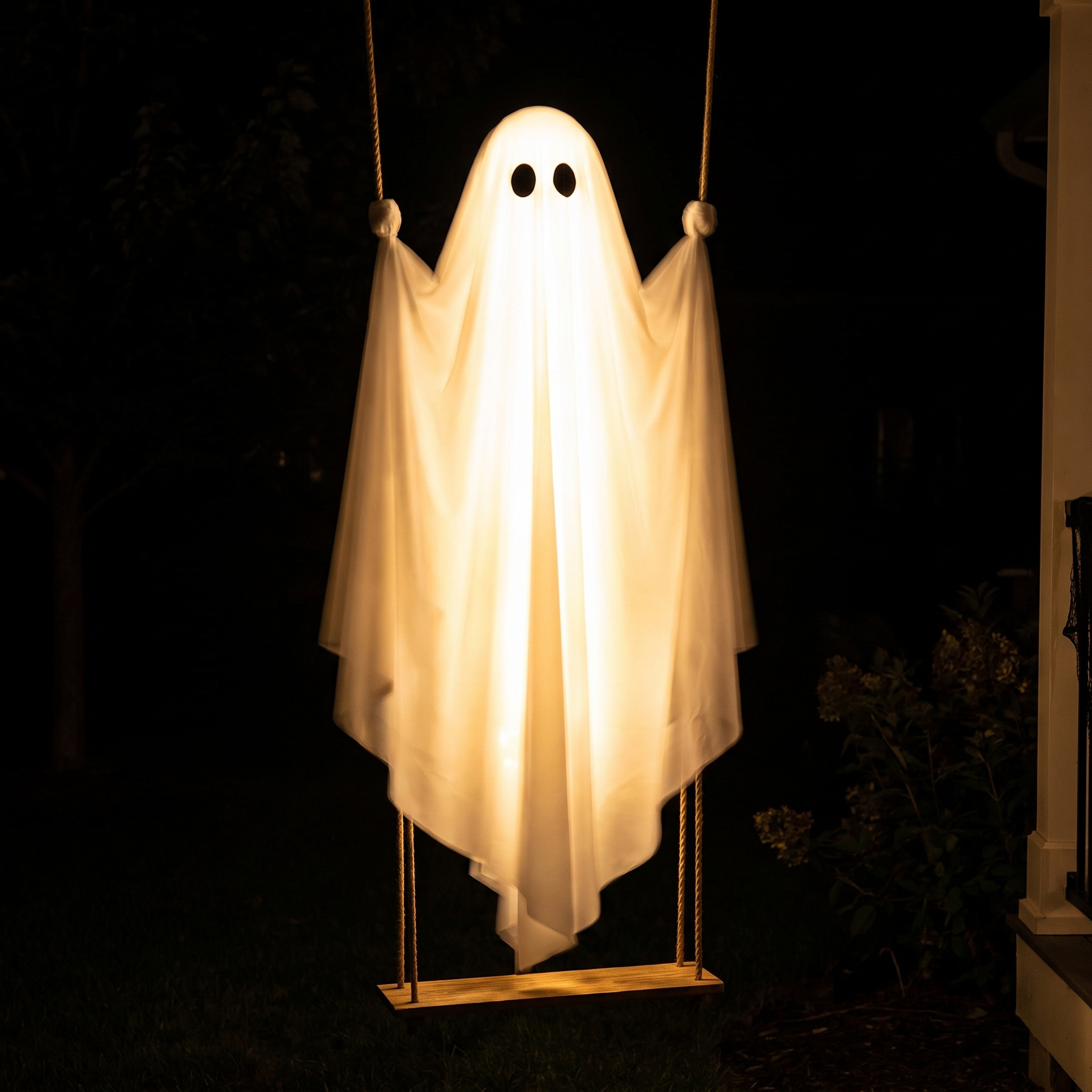 Hanging swing ghost glowing in a yard at night