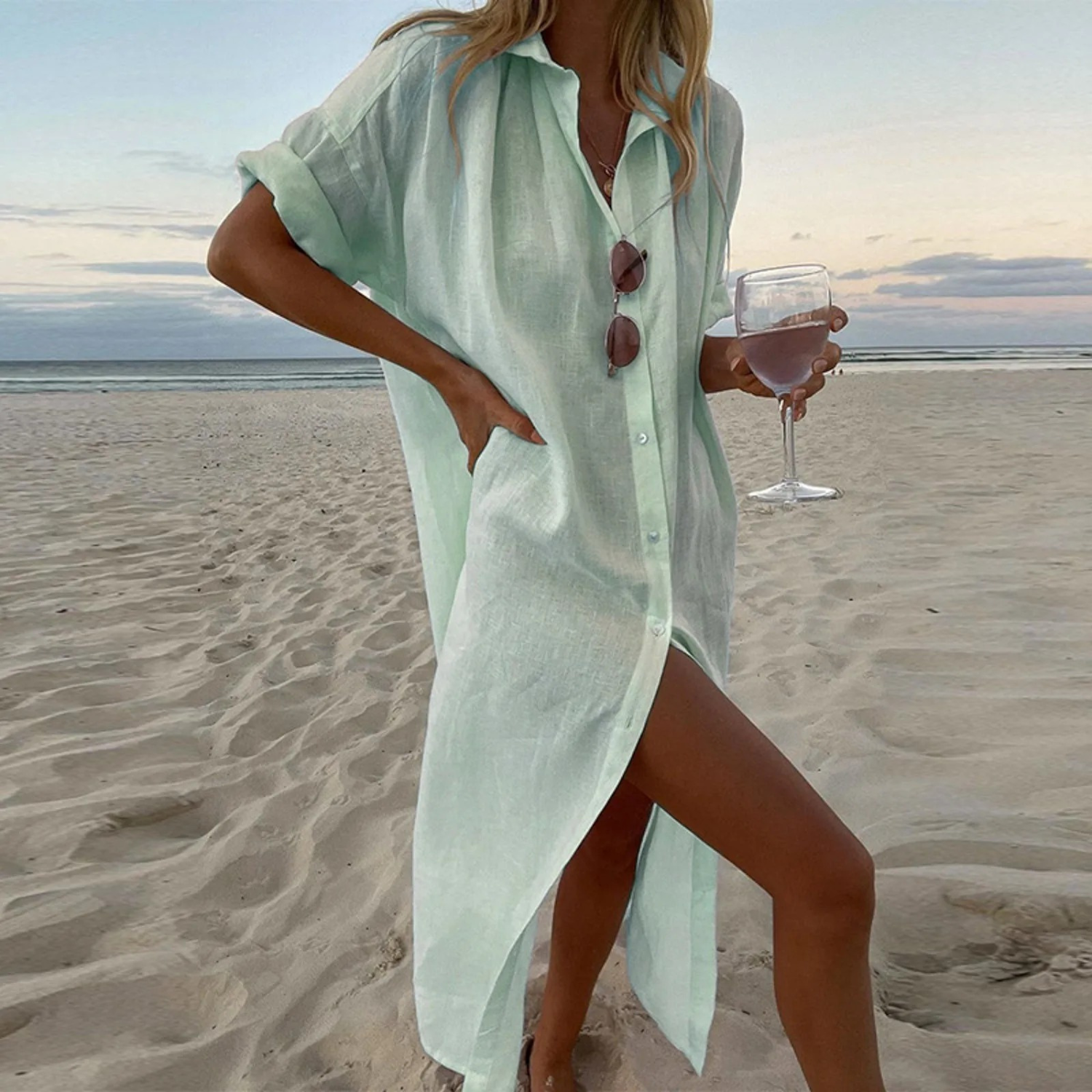 Lightweight summer dress shown with a relaxed drape