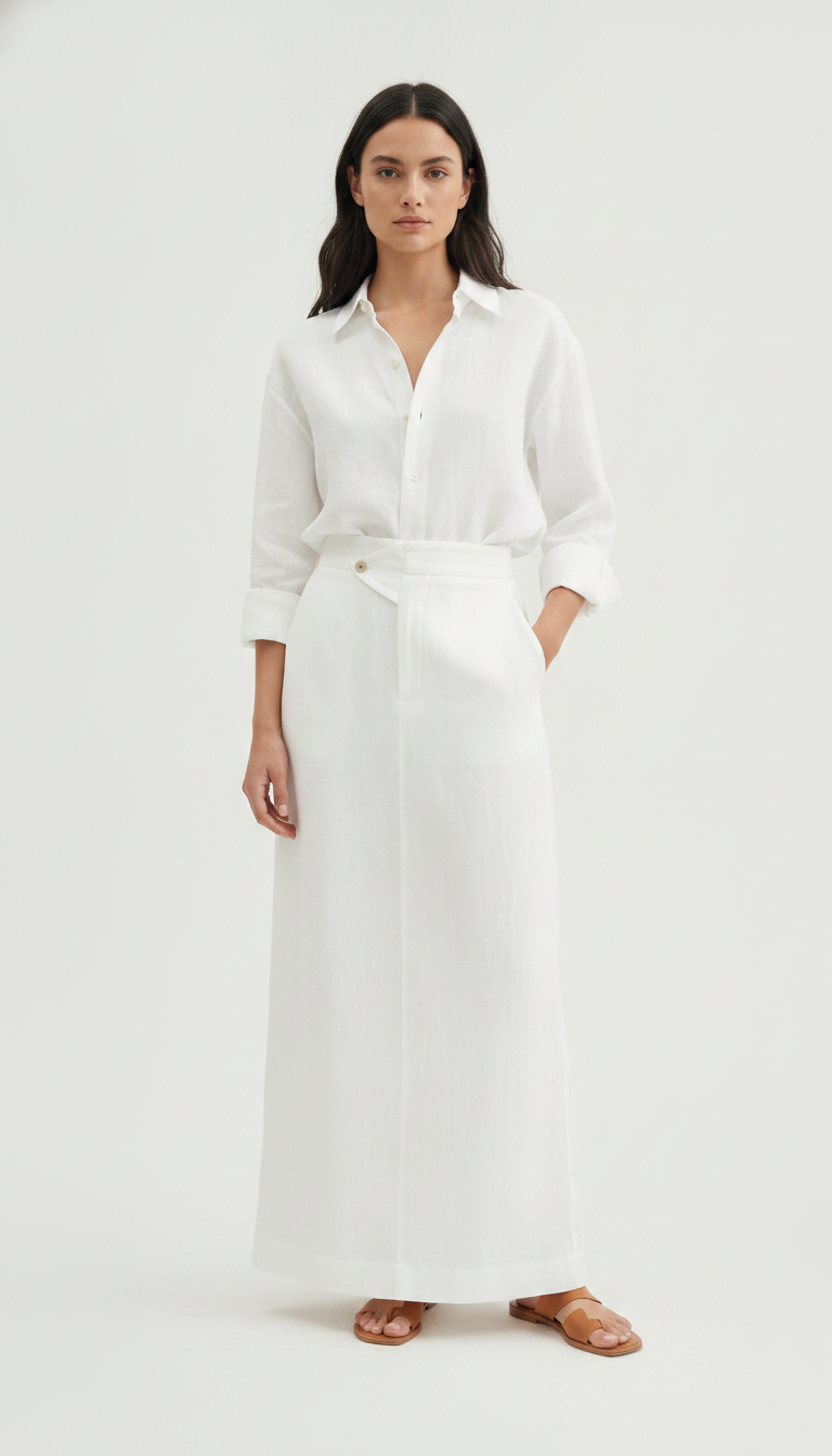 Women's linen two piece set, shirt and maxi skirt, front view
