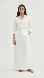 Women's linen two piece set, shirt and maxi skirt, front view