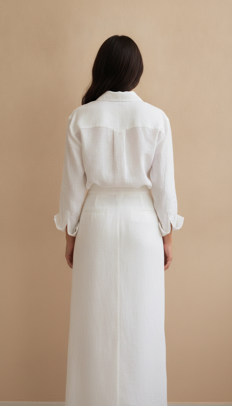 Full length view of the linen shirt and maxi skirt outfit