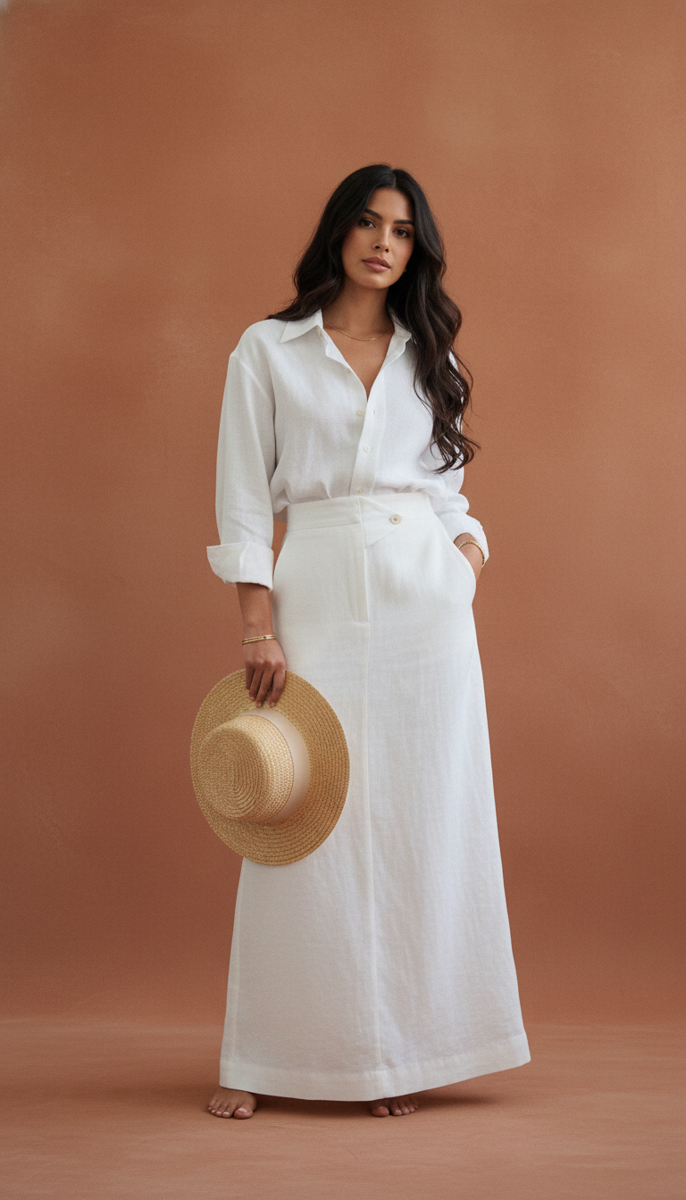 Linen shirt and maxi skirt set in white