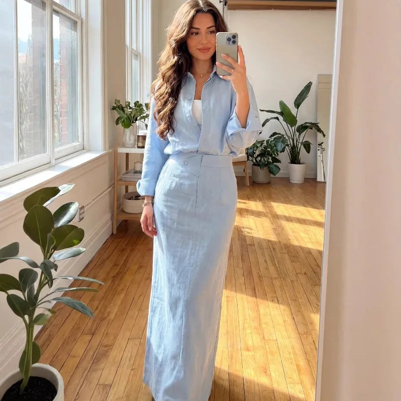 Linen shirt and maxi skirt set in blue