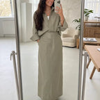 Button-down shirt detail from the linen two piece set