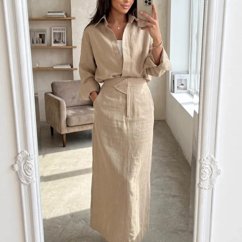 Back view of the linen shirt and maxi skirt set