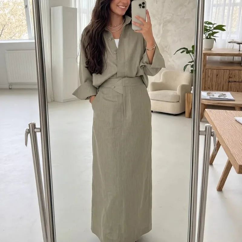 Linen shirt and maxi skirt set in green