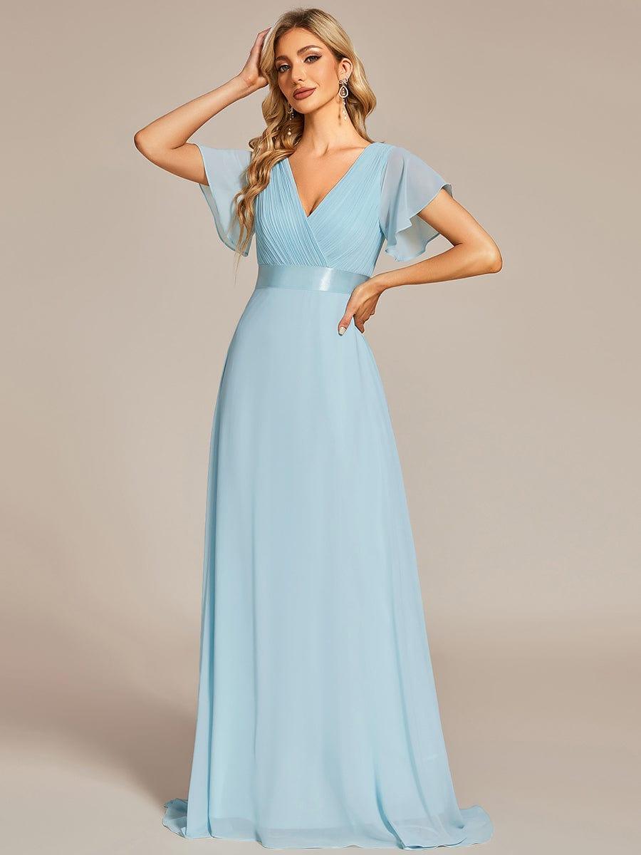 Long chiffon bridesmaid dress with empire waist and flutter sleeves in sky blue