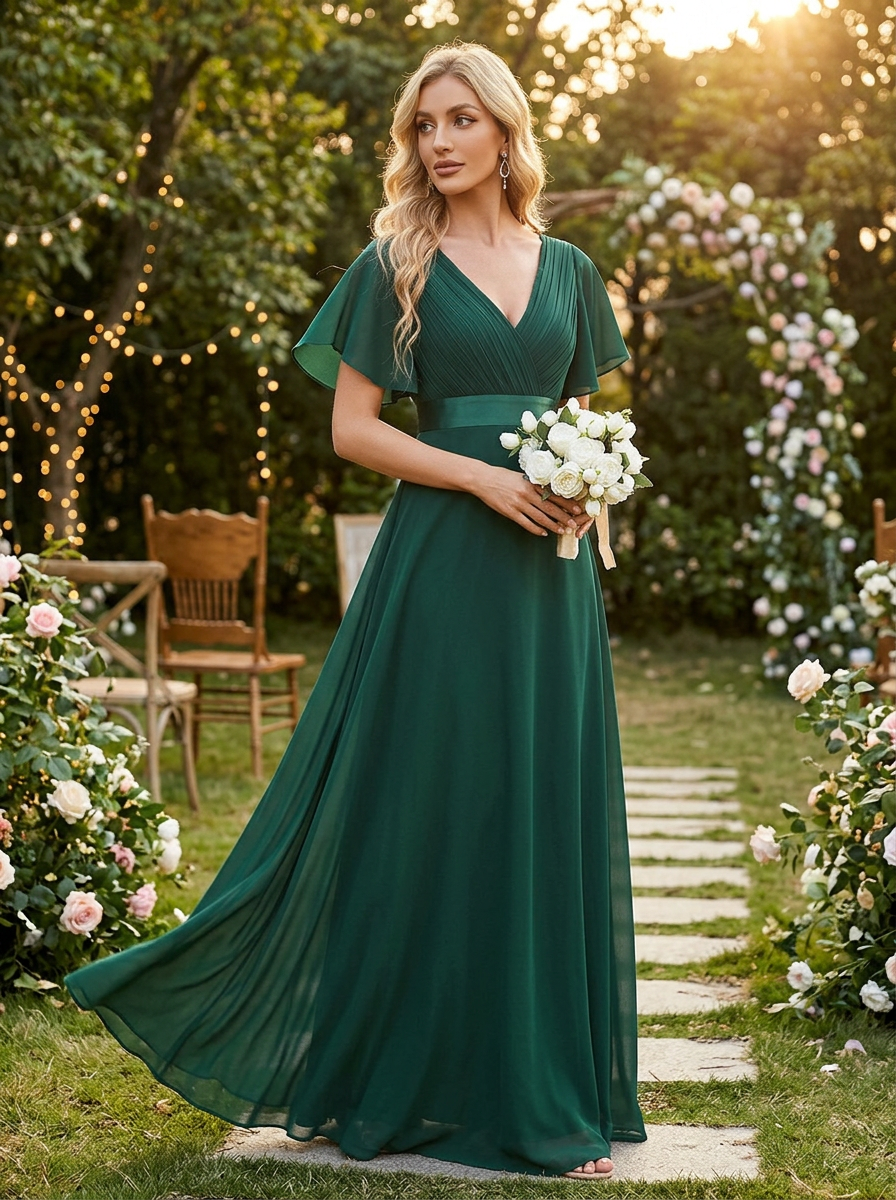 Model wearing a long chiffon bridesmaid dress with empire waist and flutter sleeves at a garden wedding venue