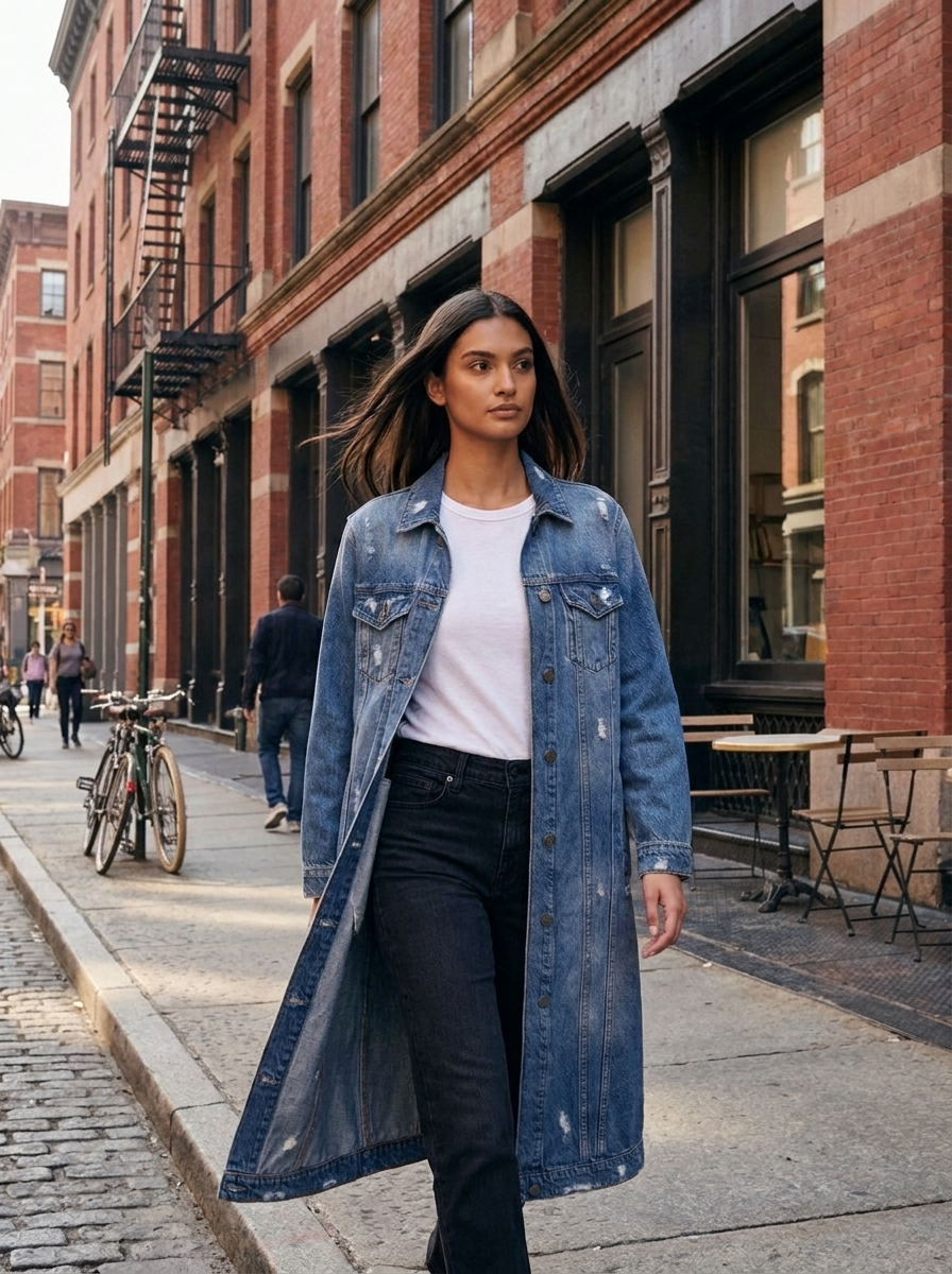 Model wearing a long distressed medium wash denim duster coat on an urban brick street