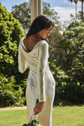 Long sleeve midi dress with draped cowl back, front view