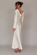 Long sleeve cowl back midi dress, back view