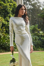 Long sleeve midi dress pleated waist detail