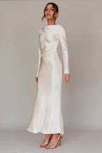 Long sleeve cowl back midi dress, side view