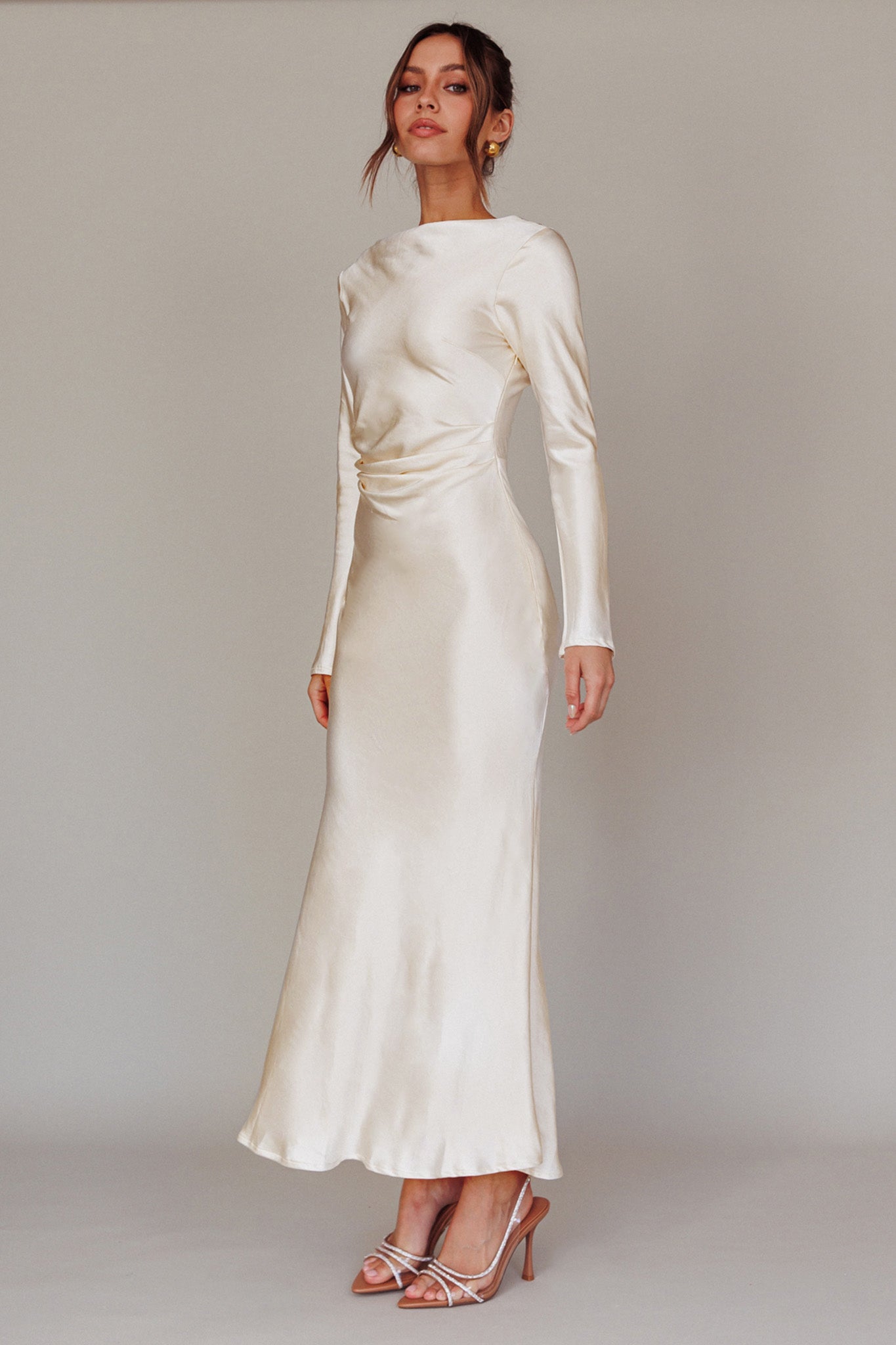 Long sleeve cowl back midi dress, side view