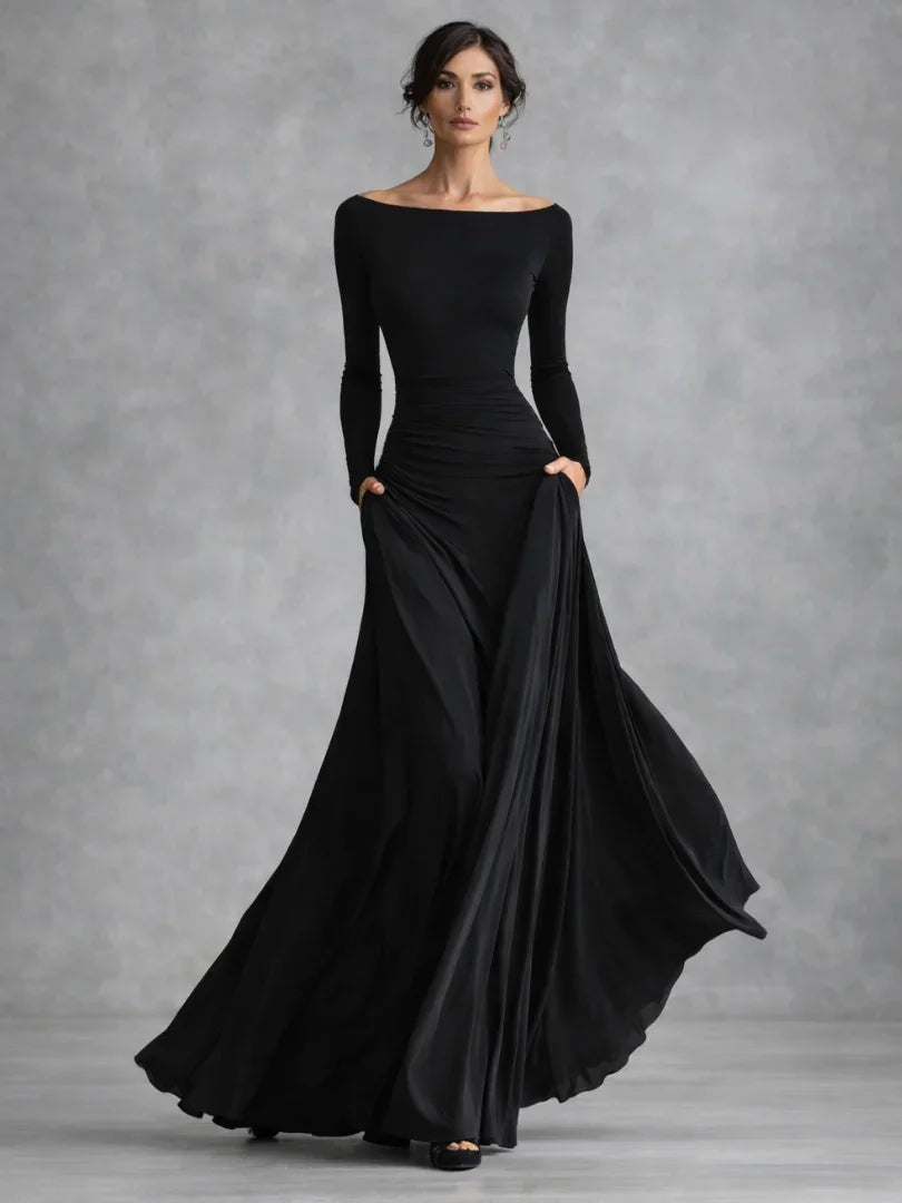 Long sleeve draped maxi dress in black, front view
