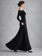 Long sleeve draped maxi dress, side view