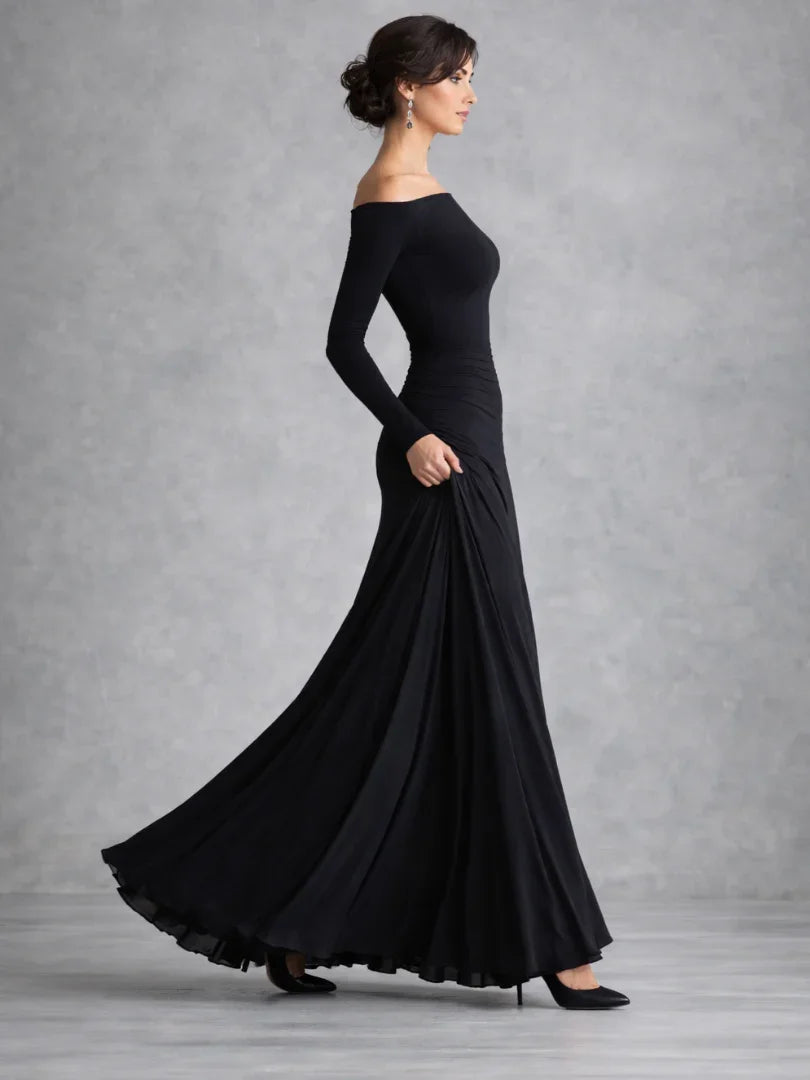 Long sleeve draped maxi dress, side view