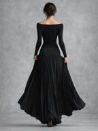 Long sleeve draped maxi dress, back view