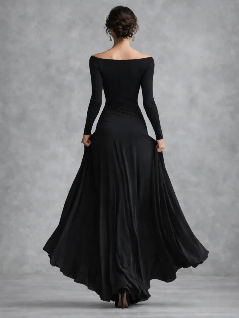 Long sleeve draped maxi dress, back view