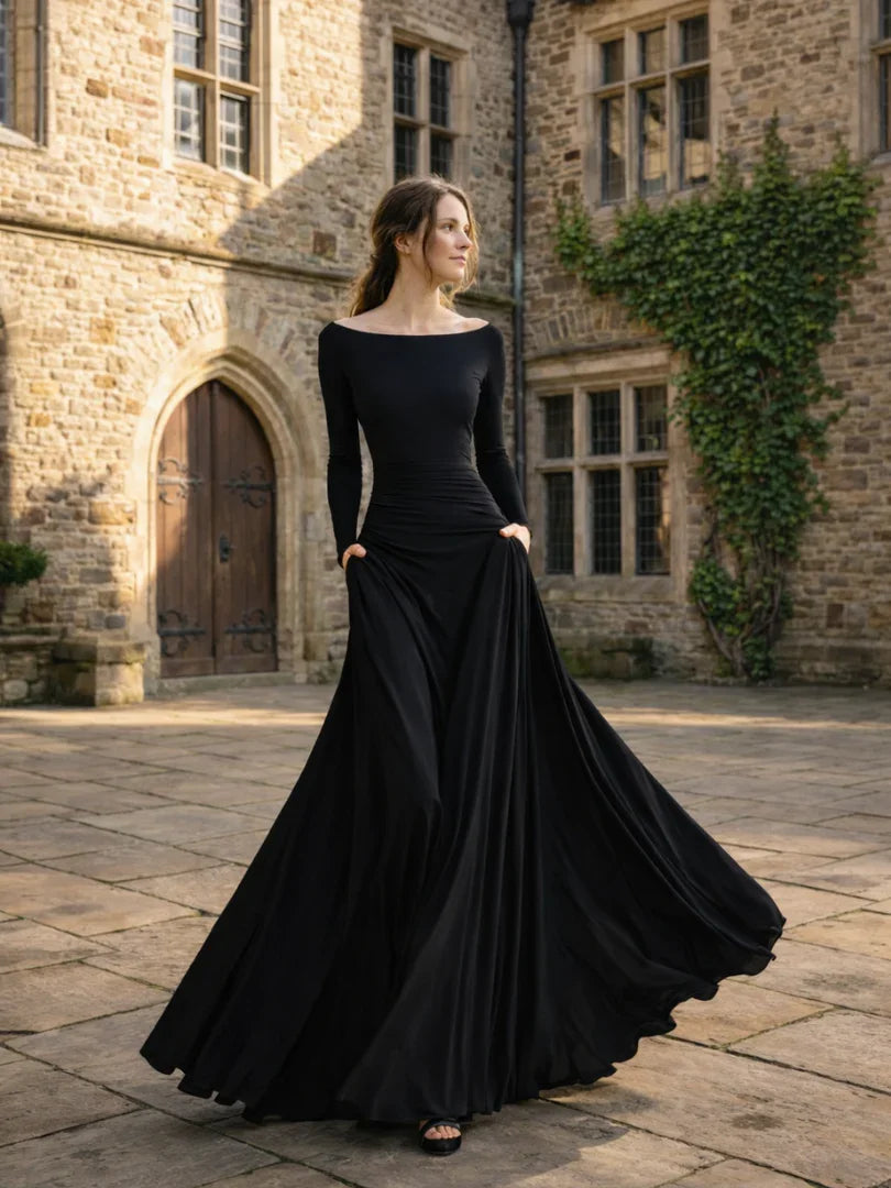 Long sleeve draped maxi dress fabric drape detail