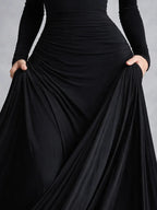 Long sleeve draped maxi dress full length view