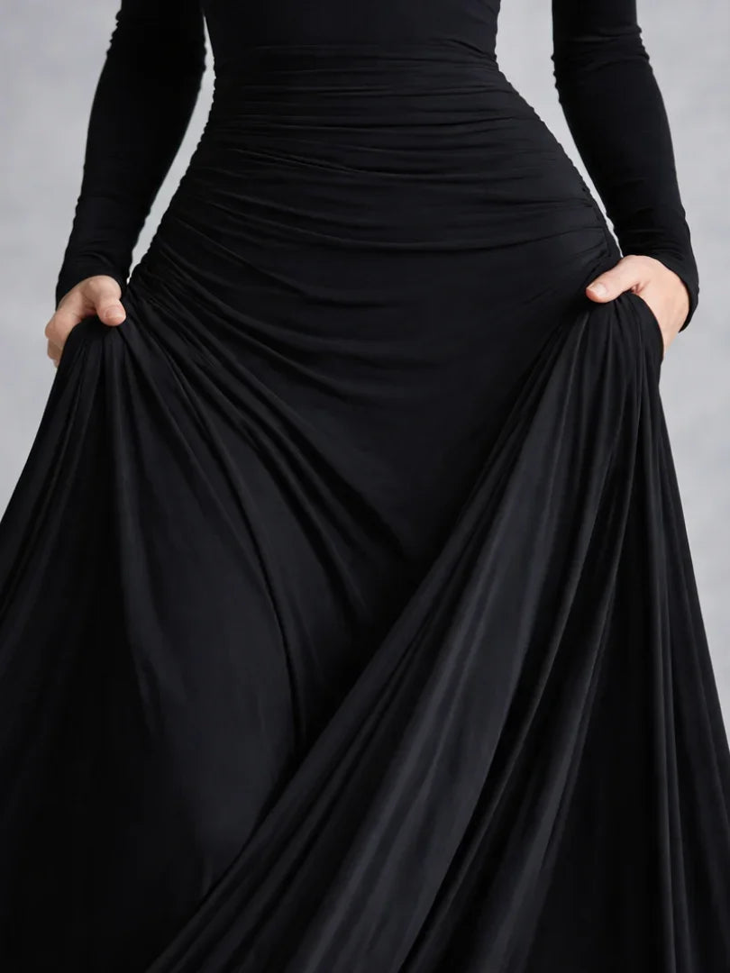 Long sleeve draped maxi dress full length view