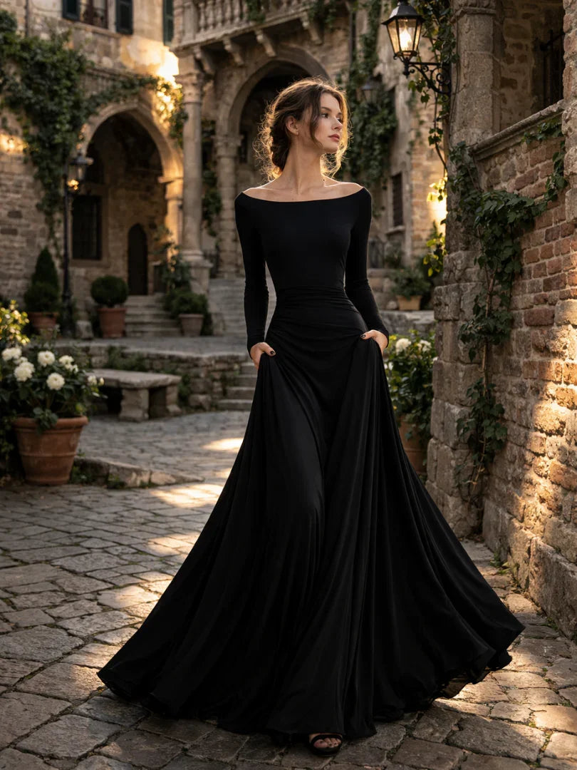 Long sleeve draped maxi dress styled view