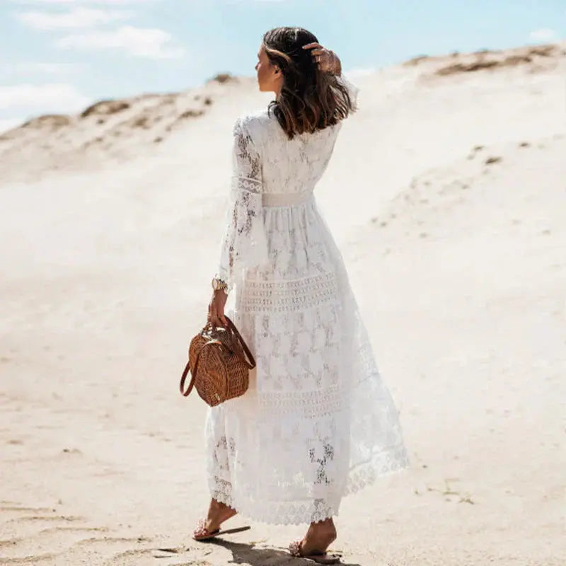 Long sleeve maxi dress showing the flowing drape
