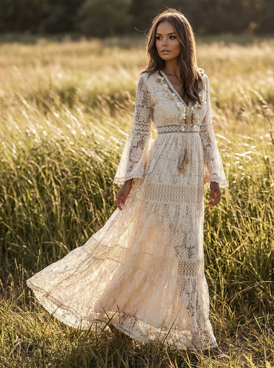 Model wearing a beige flowing long sleeve bohemian maxi dress in a sunlit meadow