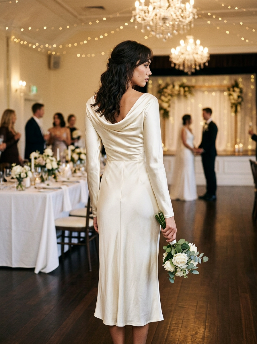 Model wearing a long sleeve midi dress with draped cowl back at an elegant wedding reception