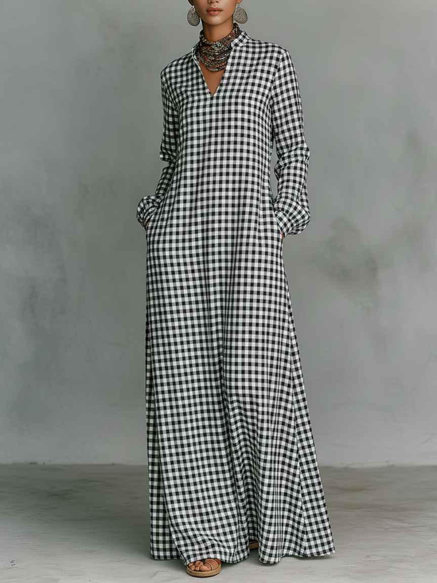 Long sleeve V neck cotton maxi dress, front view