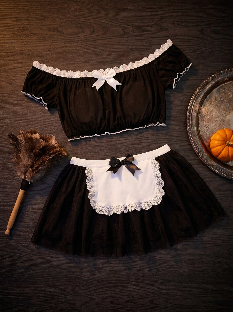 Mesh maid costume set flat lay